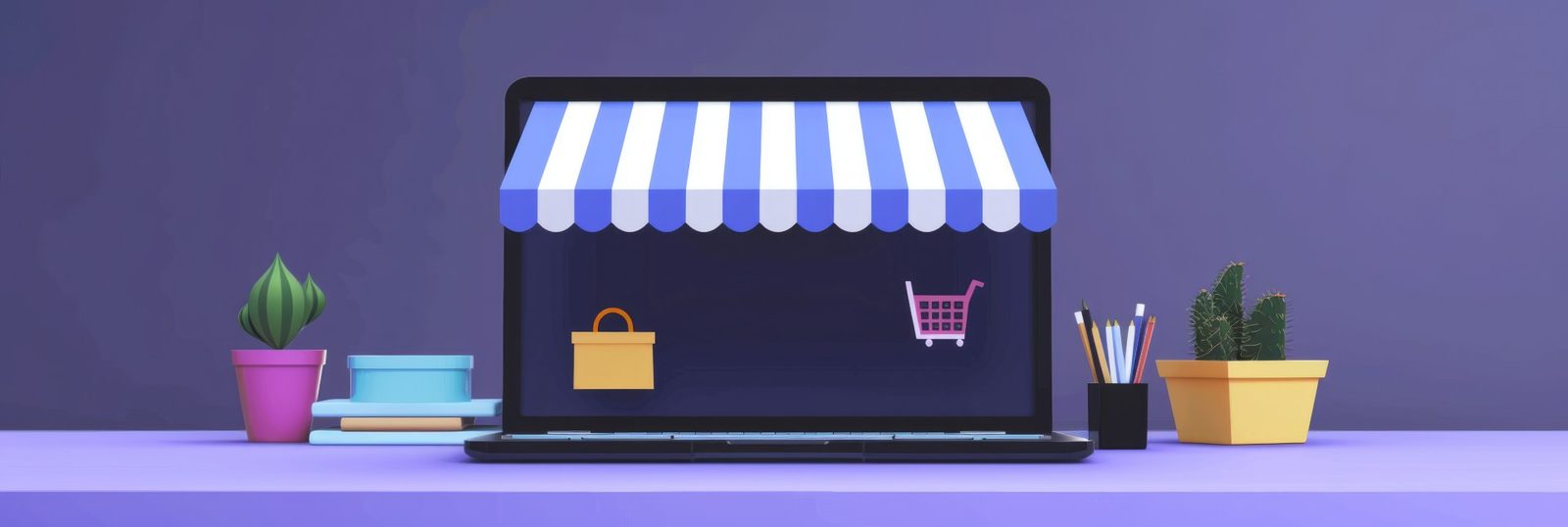 Laptop styled as an online storefront with a striped awning